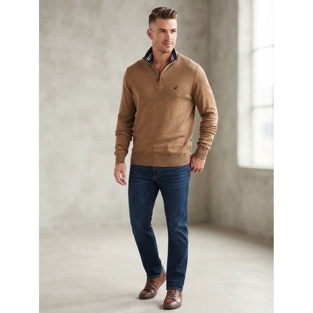Nautica Navtech Men's Brown Knit 1/4 Zip Mock Neck Pullover Sweater M